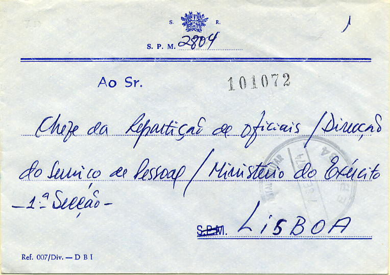 23Lis_0977.jpg -     Lote:    977            Correio Militar       Descrição:         Guerra Colonial * Moçambique. Sobrescrito circulado isento de franquia da EPM 34 (07.09.74) para Lisboa. Marca de dia batida a preto (carimbo de borracha) da EPM 34 (Barreiros Mo-11). MB.        Carta       Valor Base:     &euro; 20,00     Valor Venda:     &euro; 110,00     