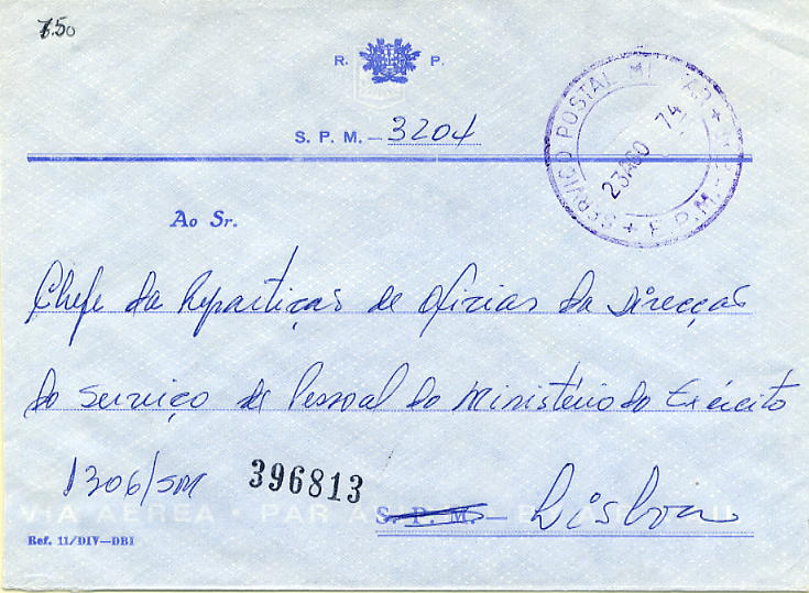 23Lis_0978.jpg -     Lote:    978            Correio Militar       Descrição:         Guerra Colonial * Moçambique. Sobrescrito circulado isento de franquia da EPM 24 (23.08.74) para Lisboa. Marca de dia batida a violeta da EPM 24 (Barreiros Mo-34). MB.        Carta       Valor Base:     &euro; 15,00     Valor Venda:     &euro; 120,00     