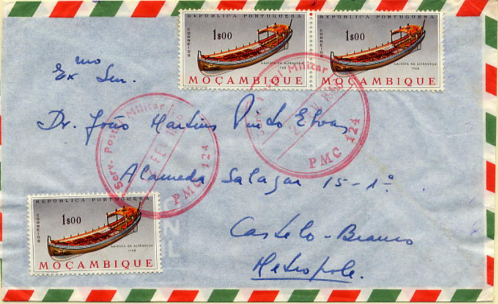23Lis_0980.jpg -     Lote:    980            Correio Militar       Descrição:         Guerra Colonial * Moçambique. Sobrescrito circulado do PMC 124 (12.02.66) para Castelo Branco. Marca de dia batida a vermelho (carimbo de borracha) do PMC 124 (Barreiros Mo-7). MB.        Carta       Valor Base:     &euro; 20,00     Valor Venda:     &euro; 20,00     