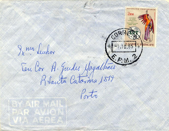 23Lis_0985.jpg -     Lote:    985            Correio Militar       Descrição:         Guerra Colonial * São Tomé e Príncipe. Sobrescrito circulado da EPM 2 (01.10.65) para o Porto. Marca de dia batida a preto da E. P. M. 2 (Barreiros St-1).        Carta       Valor Base:     &euro; 5,00     Valor Venda:     &euro; 5,00     