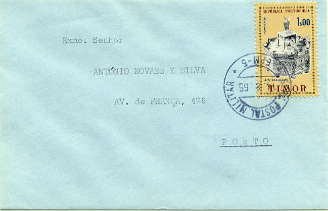 23Lis_0986.jpg -     Lote:    986            Correio Militar       Descrição:         Guerra Colonial * Timor. Sobrescrito circulado da EPM 5 (14.08.65) para o Porto. Marca de dia batida a preto da EPM-5 (Barreiros Ti-1a).        Carta       Valor Base:     &euro; 10,00     Valor Venda:     Retirado     