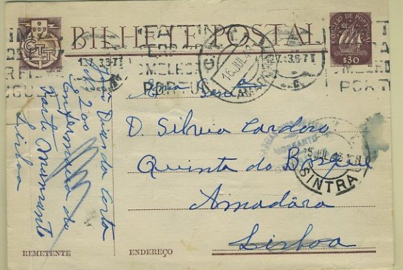23Lis_0988.jpg -     Lote:    988            Censuras       Descrição:         Censuras prisionais. Inteiro postal, tipo Caravela OM98, $30 castanho escuro, circulado de Lisboa (27.03.1943) para Amadora, por prisioneiro da Cadeia Civil de Monsanto. Carimbo batido a azul "CADEIA CIVIL DE LISBOA / MONSANTO / CENSURA".        IC       Valor Base:     &euro; 40,00     Valor Venda:     &euro; 40,00     