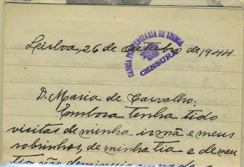 23Lis_0990.jpg -     Lote:    990            Censuras       Descrição:         Censuras prisionais. Sobrescrito circulado de Lisboa (27.10.1944) com selo de $50 tipo Caravela, por prisioneiro da Cadeia Penitenciária de Lisboa. Carimbo batido a violeta na carta "CADEIA PENITENCIÀRIA DE LISBOA / CENSURA".        Carta       Valor Base:     &euro; 50,00     Valor Venda:     Retirado     