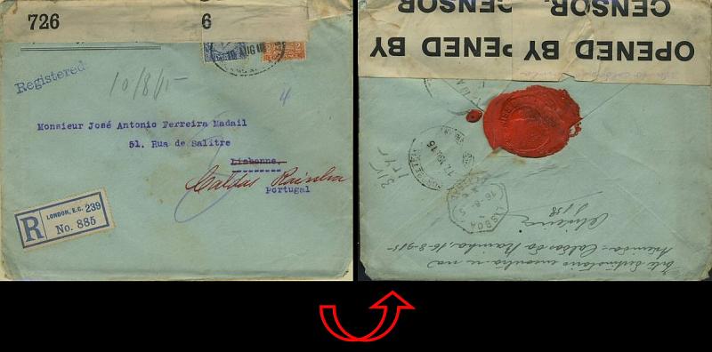23Lis_0991.jpg -     Lote:    991            Censuras       Descrição:         1,ª Guerra Mundial. Censuras. Sobrescrito circulado registado de Londres (10.08.15) para Lisboa (16.08.15) e reendereçado para Caldas da Rainha (17.08.15). Cintas da censura inglesa.        Carta       Valor Base:     &euro; 10,00     Valor Venda:     Retirado     
