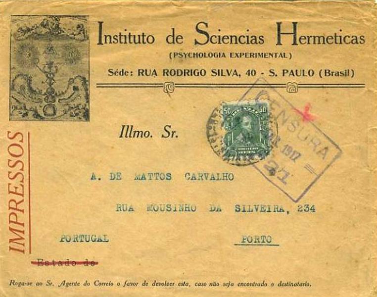 23Lis_0992.jpg -     Lote:    992            Censuras       Descrição:         1.ª Guerra Mundial. Carta comercial remetida do Brasil (21-3-1917) para o Porto (24-4-1917). Carimbo rectangular da censura do Porto batido a violeta com o N.º 21 e datada de 20-4-1917.         Carta       Valor Base:     &euro; 10,00     Valor Venda:     Retirado     