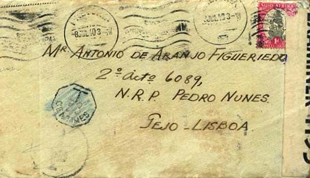 23Lis_0993.jpg -     Lote:    993            Censuras       Descrição:         2.ª Guerra Mundial. Censuras. Lote de 9 sobrescritos remetidos para militar a bordo de navios da Marinha (Contratorpedeiro Vouga, N.R.P. Pedro Nunes e N.R.P. S. Nicolau), todas censuradas com cintas portuguesas, sul-africanas e inglesas. Lote a ver.        Lote        Valor Base:     &euro; 20,00     Valor Venda:     &euro; 20,00     