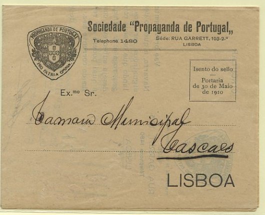 23Lis_0995.jpg -     Lote:    995            Isentos de Franquia       Descrição:         Isentos de Franquia. Sociedade "Propaganda de Portugal". Circular remetida de Lisboa (22.03.17) para Cascais, isenta de porte ao abrigo da Portaria de 30 de Maio de 1910. Isenção impressa.        DOC       Valor Base:     &euro; 10,00     Valor Venda:     Retirado     
