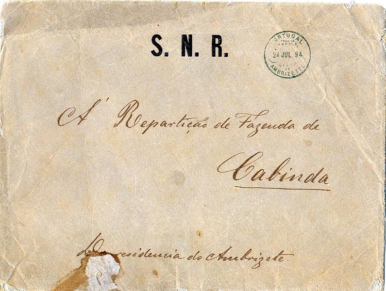 23Lis_0999.jpg -     Lote:    999            Isentos de Franquia       Descrição:         Isentos de franquia * Angola. Sobrescrito tipo A5 circulado isento de franquia do Ambrizete (24.07.1894) para Cabinda. Interessante circulação interna.         Carta       Valor Base:     &euro; 100,00     Valor Venda:     &euro; 150,00     