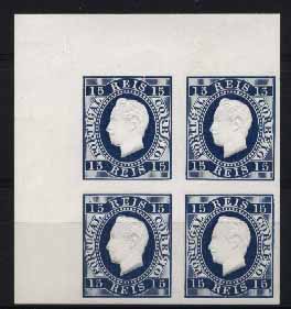 23Lis_1002.jpg -     Lote:    1002            Portugal       Descrição:         1870/71 &mdash; D. Luís I. Fita direita. CE 38, 15 reis. Quadra, canto de folha, de provas de cor em azul, não denteadas, em papel porcelana. Valor de catálogo &euro; 1.580,00.        PRV       Valor Base:     &euro; 155,00     Valor Venda:     Retirado     