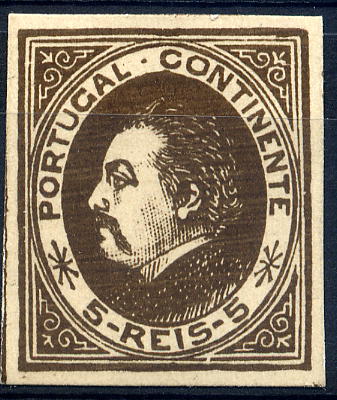 23Lis_1005.jpg -     Lote:    1005            Portugal       Descrição:         1880 &mdash; D. Luís I, de perfil. Prova de cor de 5 reis (castanho escuro), desenho e gravura a madeira de João Pedroso Gomes da Silva, tipo III (1880), cunho I, em cartolina, não denteada. Não catalogada por OM. MB e MR.        PRV       Valor Base:     &euro; 50,00     Valor Venda:     &euro; 220,00     