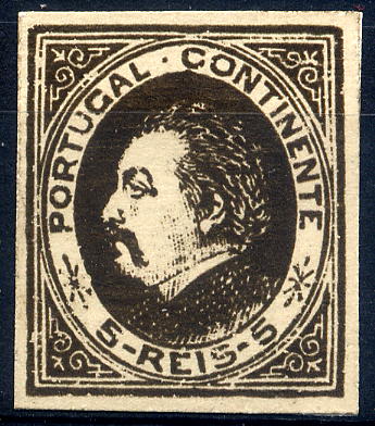 23Lis_1007.jpg -     Lote:    1007            Portugal       Descrição:         1880 &mdash; D. Luís I, de perfil. Prova de cor de 5 reis (preto retinto), desenho e gravura a madeira de João Pedroso Gomes da Silva, tipo III (1880), cunho I, em cartolina. Não catalogada por OM. MR        PRV       Valor Base:     &euro; 50,00     Valor Venda:     &euro; 220,00     