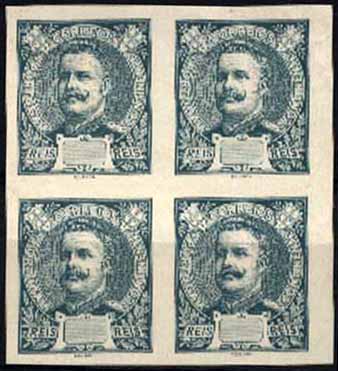 23Lis_1012.jpg -     Lote:    1012            Portugal       Descrição:         1895/98 &mdash; D. Carlos I. Desenho e gravura de Eugène Mouchon. Papel liso. Não denteados. Tipo II, sem impressão da taxa. OM512. Quadra em verde. MB        PRV       Valor Base:     &euro; 50,00     Valor Venda:     &euro; 50,00     