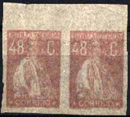 23Lis_1016.jpg -     Lote:    1016            Portugal       Descrição:         1924/25 &mdash; Tipo Ceres. Não denteados. OM1557, 48 C. rosa. Par horizontal em papel cebola. B e R.        PRV       Valor Base:     &euro; 10,00     Valor Venda:     Retirado     