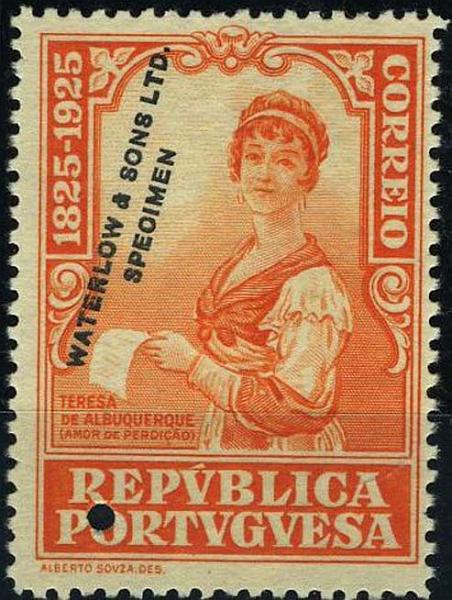 23Lis_1019.jpg -     Lote:    1019            Portugal       Descrição:         1925 &mdash; Centenário de Camilo Castelo Branco. Prova do selo de 96C, sem impressão da taxa, com furos de segurança e sobrecarga oblíqua "Waterlow & Sons / Specimen".        PRV       Valor Base:     &euro; 15,00     Valor Venda:     &euro; 15,00     