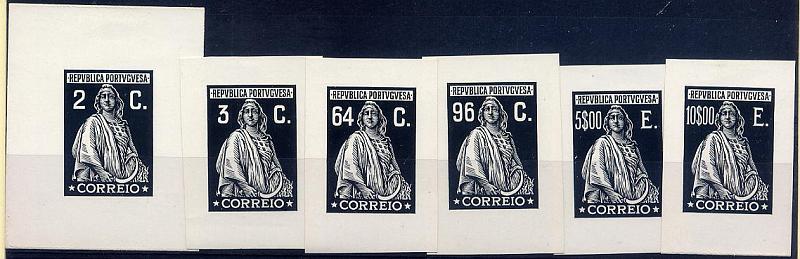 23Lis_1022.jpg -     Lote:    1022            Portugal       Descrição:         1926 &mdash; Ceres. Emissão de Londres. Lote de seis provas de cunho não denteadas, todas em preto, nas taxas de 2 ctvs, 3 ctvs, 64 ctvs, 96 ctvs 5$00 e 10$00.        PRV       Valor Base:     &euro; 20,00     Valor Venda:     &euro; 22,00     