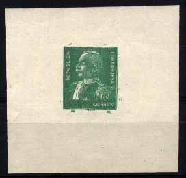 23Lis_1032.jpg -     Lote:    1032            Portugal       Descrição:         1933/34 &mdash; Emissão base. Presidente Óscar Carmona. Prova de cor verde, não denteada em papel liso, sem impressão da taxa, não catalogada por OM.        PRV       Valor Base:     &euro; 30,00     Valor Venda:     &euro; 30,00     