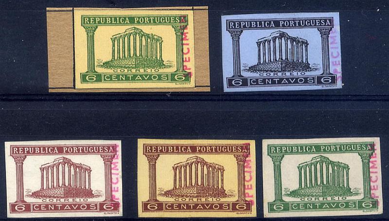23Lis_1034.jpg -     Lote:    1034            Portugal       Descrição:         1935 &mdash; Templo de Diana. Lote de 5 provas do selo de 5 ctvs em verde s/ amarelo, preto s/ azul, castanho s/ azul claro, castanho s/ amarelo e verde s/ verde claro, todas com sobrecarga SPECIMEN na vertical, batida a vermelho. MB e R.        PRV       Valor Base:     &euro; 25,00     Valor Venda:     Retirado     