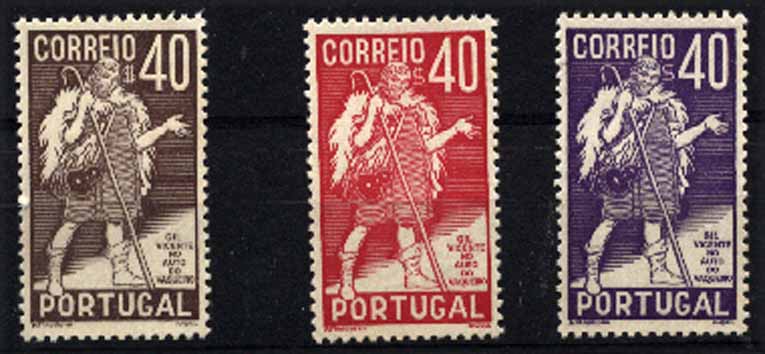 23Lis_1036.jpg -     Lote:    1036            Portugal       Descrição:         1937 &mdash; 4.º Centenário da Morte de Gil Vicente. Lote de 3 provas de cor (castanho, vermelho e violeta) da taxa de $40, denteadas. MB.        PRV       Valor Base:     &euro; 30,00     Valor Venda:     &euro; 36,00     