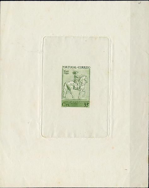 23Lis_1038.jpg -     Lote:    1038            Portugal       Descrição:         1940 &mdash; Centenários da Fundação e Restauração. Tipo II (Maio). 35 ctvs verde. Prova de cunho. MB        PRV       Valor Base:     &euro; 25,00     Valor Venda:     &euro; 36,00     