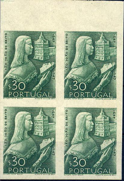23Lis_1046.jpg -     Lote:    1046            Portugal       Descrição:         3.º Centenário do Nascimento de S. João de Brito. CE691, $20 verde. Quadra de provas não denteadas, bordo superior de folha, na cor aprovada. MB e R.        PRV       Valor Base:     &euro; 15,00     Valor Venda:     Retirado     