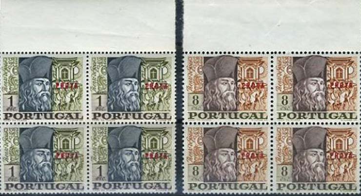 23Lis_1055.jpg -     Lote:    1055            Portugal       Descrição:         1968 &mdash; Bento de Goês. CE1020/1021. Série completa em quadras de provas denteadas, com a sobrecarga a vermelho "PROVA". R.        PRV       Valor Base:     &euro; 25,00     Valor Venda:     Retirado     