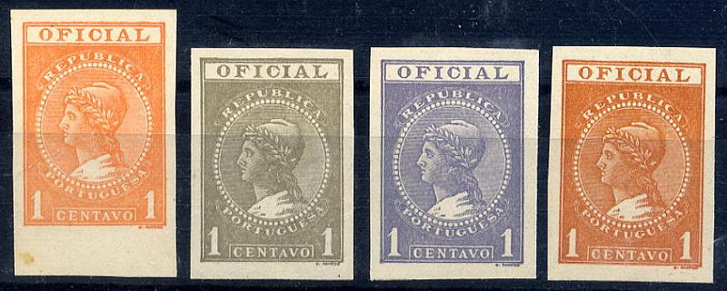 23Lis_1061.jpg -     Lote:    1061            Portugal       Descrição:         1918 &mdash; Serviço Oficial. Imposto Postal e Telegráfico. Emissão projectada (Alegoria à República). 1 centavo. Lote de quatro provas de cor, não denteadas, em papel liso médio, nas cores laranja, cinzenta, violeta e castanho-amarelo. MB e R.        PRV       Valor Base:     &euro; 16,00     Valor Venda:     &euro; 16,00     