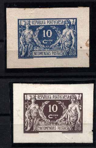 23Lis_1062.jpg -     Lote:    1062            Portugal       Descrição:         1920/22 &mdash; Encomendas Postais. Comércio e Indústria. CE EP4, 10 Ctvs. Lote de duas provas não denteadas em papel porcelana, em azul e castanho. MB e MR.        PRV       Valor Base:     &euro; 30,00     Valor Venda:     &euro; 30,00     