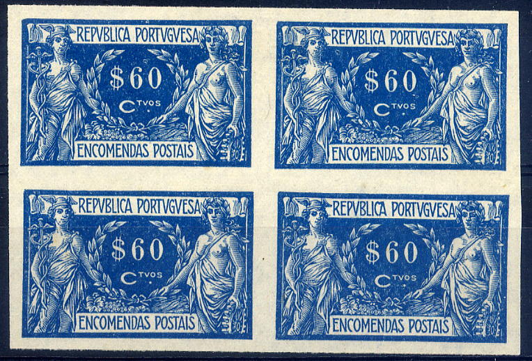 23Lis_1063.jpg -     Lote:    1063            Portugal       Descrição:         1920 &mdash; Encomendas. Comércio e Indústria. Quadra de provas em papel liso médio de 60 ctvs na cor azul escuro, não denteadas. OM19. B        PRV       Valor Base:     &euro; 10,00     Valor Venda:     &euro; 18,00     