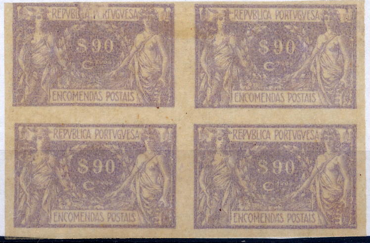 23Lis_1064.jpg -     Lote:    1064            Portugal       Descrição:         1920 &mdash; Encomendas. Comércio e Indústria. Quadra de provas em papel cebola de 90 ctvs na cor lilás, não denteadas. OM22. B        PRV       Valor Base:     &euro; 10,00     Valor Venda:     &euro; 10,00     