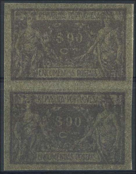 23Lis_1065.jpg -     Lote:    1065            Portugal       Descrição:         1920 &mdash; Encomendas Postais * Alegoria Comércio e Índustrai. $90 ctvs lilás. Par vertical de provas, não denteadas em papel cebola. Não catalogada por OM neste tipo de papel.        PRV       Valor Base:     &euro; 10,00     Valor Venda:     Retirado     