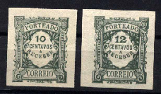 23Lis_1067.jpg -     Lote:    1067            Portugal       Descrição:         1922/27 &mdash; Porteado. Emissão regular (tipo de 1904). Unicolor. Lote de duas provas das taxas de 10 e 12 ctvs, não denteadas, em verde e papel liso, com margens muito largas. B e R.        PRV       Valor Base:     &euro; 10,00     Valor Venda:     Retirado     