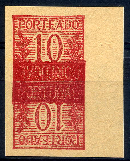 23Lis_1068.jpg -     Lote:    1068            Portugal       Descrição:         1940 &mdash; Porteado. Algarismo ladeado de ramos. CE55, 10 centavos. Prova de cor em vermelho acastanhado com dupla impressão invertida.        PRV       Valor Base:     &euro; 15,00     Valor Venda:     &euro; 15,00     