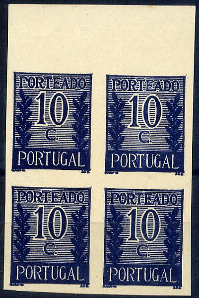 23Lis_1069.jpg -     Lote:    1069            Portugal       Descrição:         1940 &mdash; Porteado * Tipo "Algarismo ladeado de ramos". CE POR55, $10 azul escuro. Quadra de provas não denteadas, bordo superior de folha, não gomadas, em papel liso branco médio. Não catalogado por OM.        PRV       Valor Base:     &euro; 10,00     Valor Venda:     &euro; 10,00     
