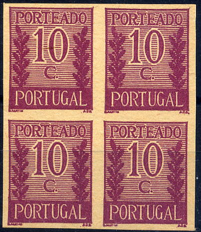 23Lis_1070.jpg -     Lote:    1070            Portugal       Descrição:         1940 &mdash; Porteado * Tipo "Algarismo ladeado de ramos". CE POR55, $10 lilás (cor final). Quadra de provas não denteadas, sem goma, em papel liso amarelado fino.        PRV       Valor Base:     &euro; 10,00     Valor Venda:     &euro; 10,00     