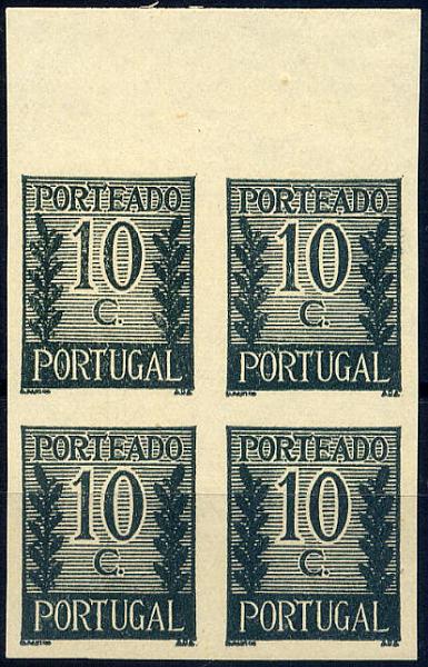 23Lis_1071.jpg -     Lote:    1071            Portugal       Descrição:         1940 &mdash; Porteado * Tipo "Algarismo ladeado de ramos". CE POR55, $10 verde escuro. Quadra de provas não denteadas, bordo superior de folha, não gomadas, em papel liso branco médio. Não catalogado por OM.        PRV       Valor Base:     &euro; 10,00     Valor Venda:     &euro; 10,00     