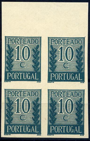 23Lis_1072.jpg -     Lote:    1072            Portugal       Descrição:         1940 &mdash; Porteado * Tipo "Algarismo ladeado de ramos". CE POR55, $10 verde azul. Quadra de provas não denteadas, bordo superior de folha, não gomadas, em papel liso branco médio. Não catalogado por OM.        PRV       Valor Base:     &euro; 10,00     Valor Venda:     &euro; 10,00     