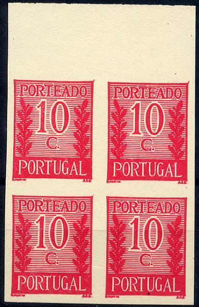 23Lis_1073.jpg -     Lote:    1073            Portugal       Descrição:         1940 &mdash; Porteado * Tipo "Algarismo ladeado de ramos". CE POR55, $10 lilás rosa. Quadra de provas não denteadas, bordo superior de folha, não gomadas, em papel liso branco médio. OM204.        PRV       Valor Base:     &euro; 10,00     Valor Venda:     &euro; 10,00     