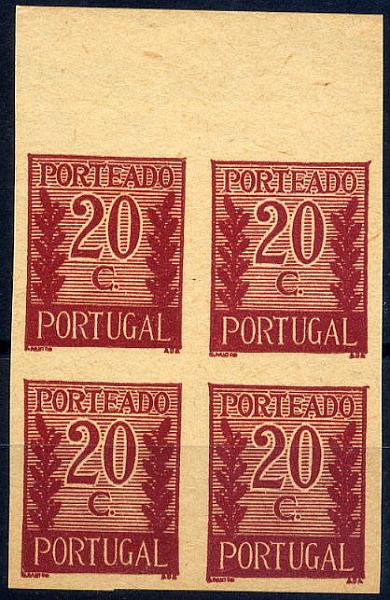 23Lis_1074.jpg -     Lote:    1074            Portugal       Descrição:         1940 &mdash; Porteado * Tipo "Algarismo ladeado de ramos". CE POR56, $20 lilás vermelho (cor final). Quadra de provas não denteadas, bordo superior de folha, não gomadas, em papel liso amarelado e fino. OM206.        PRV       Valor Base:     &euro; 12,00     Valor Venda:     &euro; 12,00     