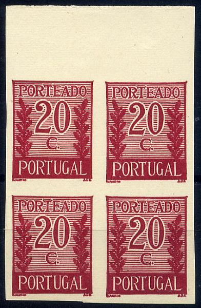 23Lis_1075.jpg -     Lote:    1075            Portugal       Descrição:         1940 &mdash; Porteado * Tipo "Algarismo ladeado de ramos". CE POR56, $20 lilás vermelho (cor final). Quadra de provas não denteadas, bordo superior de folha, não gomadas, em papel liso médio. OM206.        PRV       Valor Base:     &euro; 12,00     Valor Venda:     &euro; 12,00     