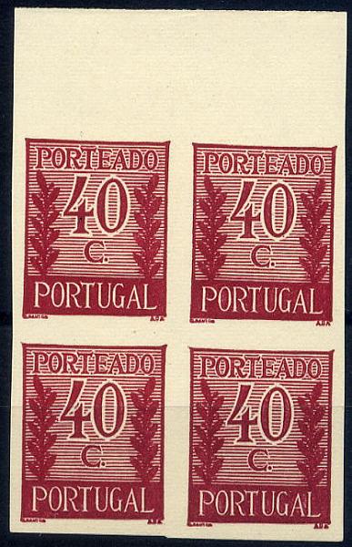 23Lis_1076.jpg -     Lote:    1076            Portugal       Descrição:         1940 &mdash; Porteado * Tipo "Algarismo ladeado de ramos". CE POR58, $40 azul castanho vermelho. Quadra de provas não denteadas, bordo superior de folha, não gomadas, em papel liso médio. Não catalogada por OM        PRV       Valor Base:     &euro; 12,00     Valor Venda:     Retirado     