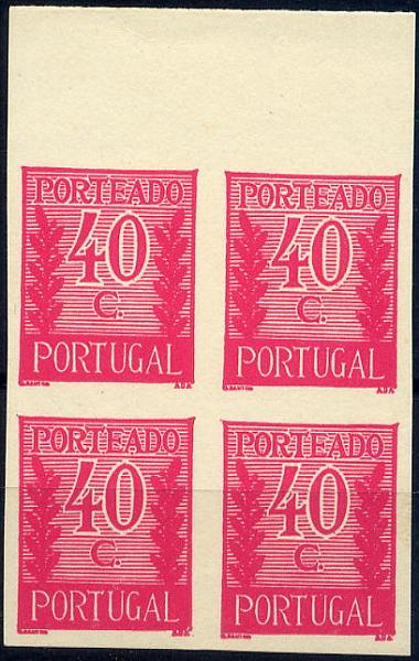 23Lis_1077.jpg -     Lote:    1077            Portugal       Descrição:         1940 &mdash; Porteado * Tipo "Algarismo ladeado de ramos". CE POR58, $40 rosa escuro (cor final). Quadra de provas não denteadas, bordo superior de folha, não gomadas, em papel liso médio.         PRV       Valor Base:     &euro; 12,00     Valor Venda:     &euro; 12,00     