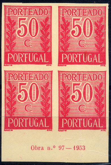 23Lis_1079.jpg -     Lote:    1079            Portugal       Descrição:         1940 &mdash; Porteado * Tipo "Algarismo ladeado de ramos". CE POR59, $50 lilás vermelho. Quadra de provas não denteadas, bordo inferior de folha, "coin datée" (Obra n.º 97 &mdash; 1953), não gomadas, em papel esmalte branco. Não catalogado por OM.        PRV       Valor Base:     &euro; 12,00     Valor Venda:     &euro; 12,00     