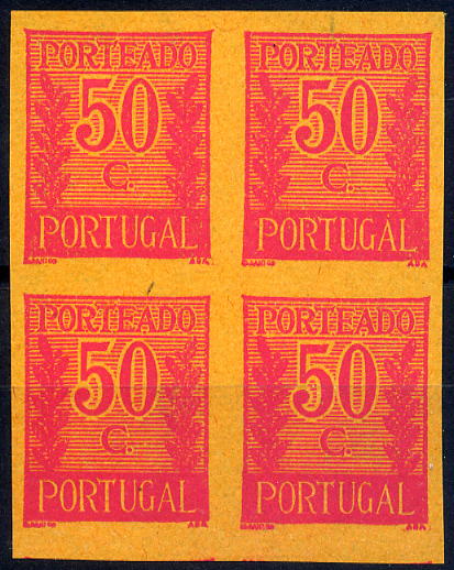 23Lis_1080.jpg -     Lote:    1080            Portugal       Descrição:         1940 &mdash; Porteado * Tipo "Algarismo ladeado de ramos". CE POR59, $50 lilás vermelho s/ salmão. Quadra de provas não denteadas, sem goma, em papel médio. Não catalogado por OM.        PRV       Valor Base:     &euro; 12,00     Valor Venda:     &euro; 12,00     