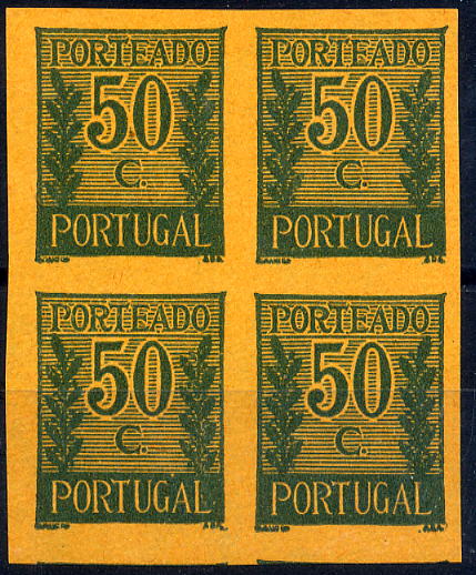 23Lis_1081.jpg -     Lote:    1081            Portugal       Descrição:         1940 &mdash; Porteado * Tipo "Algarismo ladeado de ramos". CE POR59, $50 violeta azul s/ salmão. Quadra de provas não denteadas, sem goma, em papel médio. Não catalogado por OM.        PRV       Valor Base:     &euro; 15,00     Valor Venda:     &euro; 15,00     
