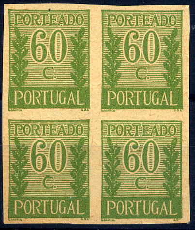 23Lis_1084.jpg -     Lote:    1084            Portugal       Descrição:         1940 &mdash; Porteado * Tipo "Algarismo ladeado de ramos". CE POR60, $60 verde amarelo. Quadra de provas não denteadas, sem goma em papel liso fino amarelado, na cor final.        PRV       Valor Base:     &euro; 12,00     Valor Venda:     &euro; 12,00     