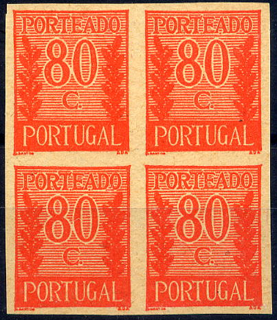 23Lis_1085.jpg -     Lote:    1085            Portugal       Descrição:         1940 &mdash; Porteado * Tipo "Algarismo ladeado de ramos". CE POR61, $80 laranja vermelho. Quadra de provas não denteadas, sem goma em papel liso fino, na cor final.        PRV       Valor Base:     &euro; 12,00     Valor Venda:     &euro; 12,00     