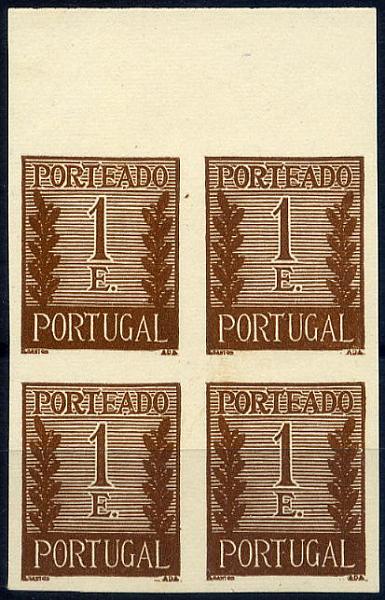 23Lis_1086.jpg -     Lote:    1086            Portugal       Descrição:         1940 &mdash; Porteado * Tipo "Algarismo ladeado de ramos". CE POR62, 1$00 castanho. Quadra de provas não denteadas, bordo superior de folha, não gomadas, na cor final.        PRV       Valor Base:     &euro; 15,00     Valor Venda:     &euro; 15,00     