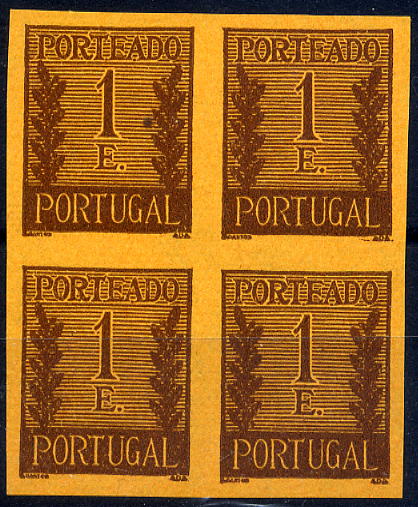 23Lis_1087.jpg -     Lote:    1087            Portugal       Descrição:         1940 &mdash; Porteado * Tipo "Algarismo ladeado de ramos". CE POR62, 1$00 castanho s/ salmão. Quadra de provas não denteadas, não gomadas, em papel fino. Não catalogadas por OM.        PRV       Valor Base:     &euro; 15,00     Valor Venda:     &euro; 15,00     