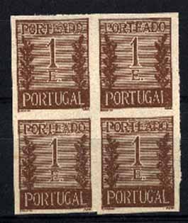 23Lis_1088.jpg -     Lote:    1088            Portugal       Descrição:         1940 &mdash; Porteado. Tipo "Algarismo ladeado de ramos". CE62, 1E castanho. Quadra de provas, não denteadas, na cor aprovada, em papel liso.        PRV       Valor Base:     &euro; 10,00     Valor Venda:     &euro; 22,00     
