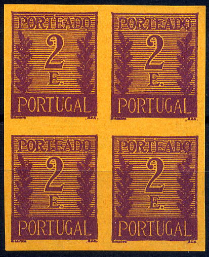 23Lis_1089.jpg -     Lote:    1089            Portugal       Descrição:         1940 &mdash; Porteado * Tipo "Algarismo ladeado de ramos". CE POR63, 2$00 lilás escuro s/ salmão. Quadra de provas não denteadas, não gomadas, em papel fino. Não catalogadas por OM.        PRV       Valor Base:     &euro; 15,00     Valor Venda:     &euro; 20,00     